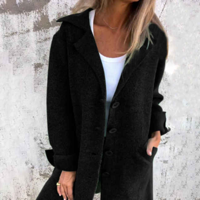 Autumn Winter Women Jacket Turn-down Collar Single-breasted Long Sleeves Loose Solid Color Woolen Coat Pockets Mid Length Commuting Dating Overcoat Autumn Winter Women Jacket Turn-down Collar Single-breasted Long Sleeves Loose Solid Color Woolen Coat Pockets Mid Length Commuting Dating Overcoat