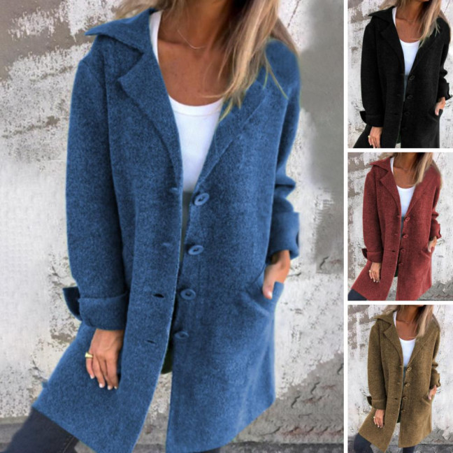 Autumn Winter Women Jacket Turn-down Collar Single-breasted Long Sleeves Loose Solid Color Woolen Coat Pockets Mid Length Commuting Dating Overcoat Autumn Winter Women Jacket Turn-down Collar Single-breasted Long Sleeves Loose Solid Color Woolen Coat Pockets Mid Length Commuting Dating Overcoat
