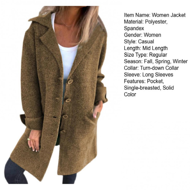 Autumn Winter Women Jacket Turn-down Collar Single-breasted Long Sleeves Loose Solid Color Woolen Coat Pockets Mid Length Commuting Dating Overcoat Autumn Winter Women Jacket Turn-down Collar Single-breasted Long Sleeves Loose Solid Color Woolen Coat Pockets Mid Length Commuting Dating Overcoat