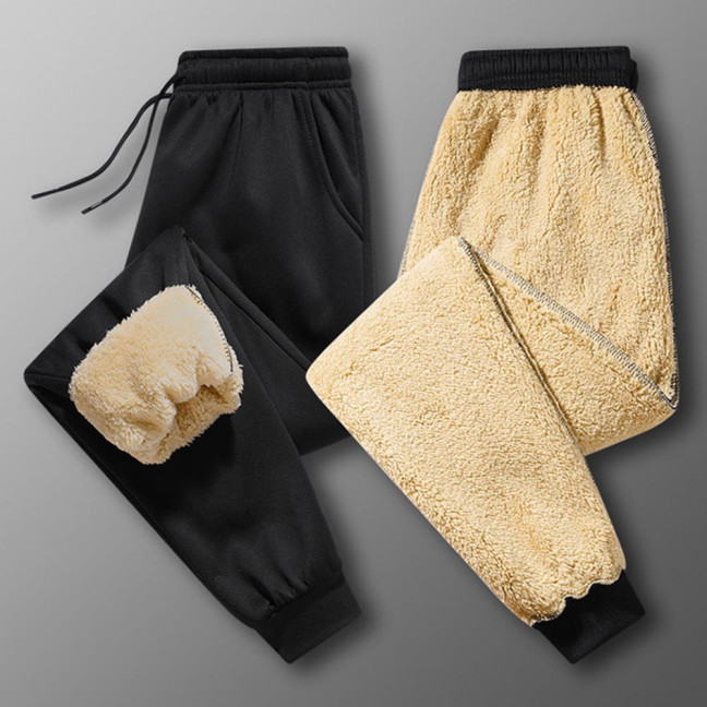 Winter Men Pants Thick Fleece Drawstring Elastic Waist Heat Retention Pockets Solid Color Warm Sport Travel Work Trousers