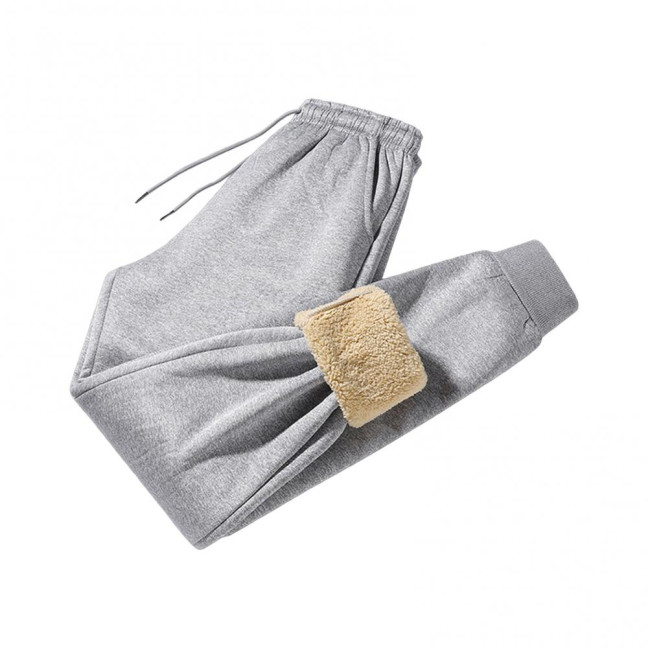 Winter Men Pants Thick Fleece Drawstring Elastic Waist Heat Retention Pockets Solid Color Warm Sport Travel Work Trousers