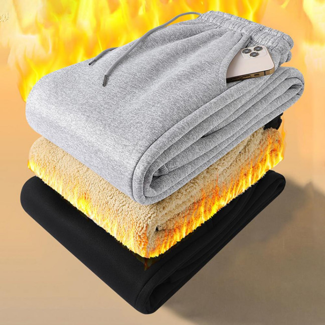 Winter Men Pants Thick Fleece Drawstring Elastic Waist Heat Retention Pockets Solid Color Warm Sport Travel Work Trousers