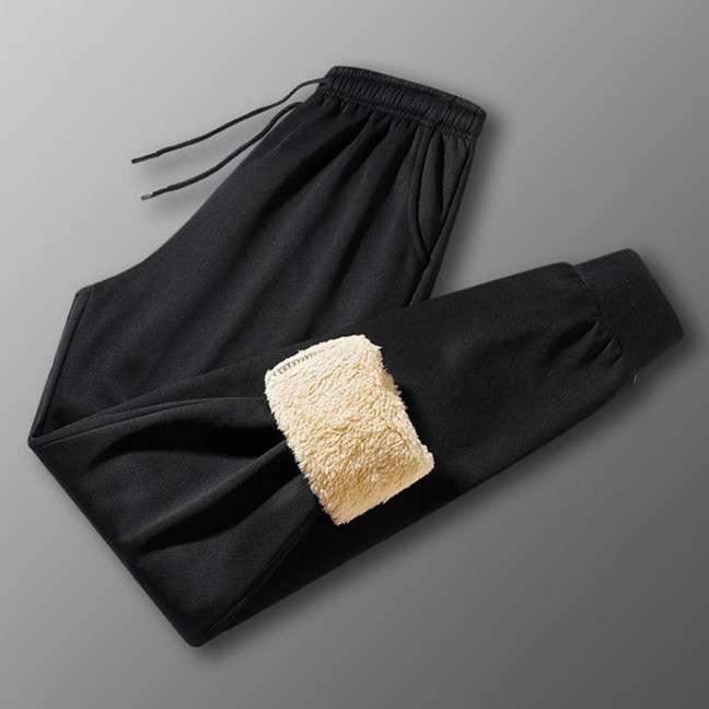 Winter Men Pants Thick Fleece Drawstring Elastic Waist Heat Retention Pockets Solid Color Warm Sport Travel Work Trousers