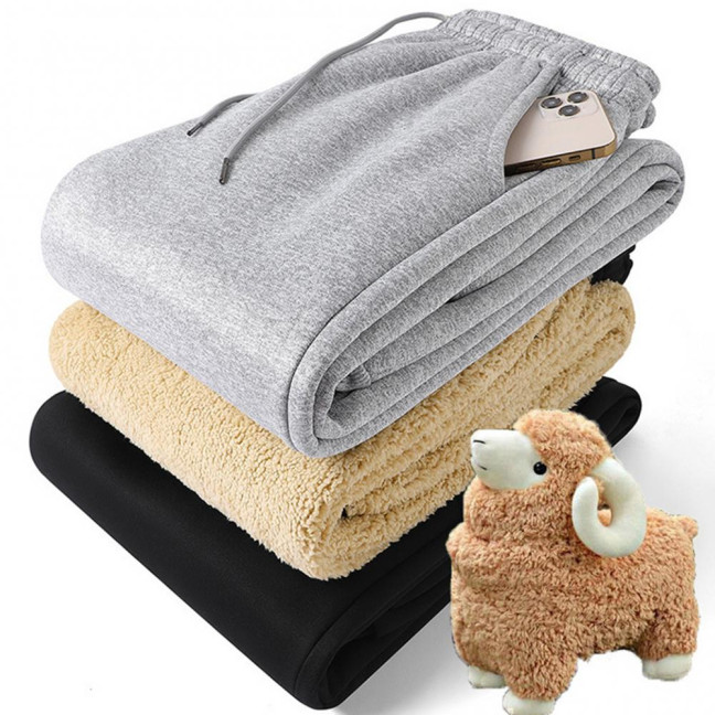 Winter Men Pants Thick Fleece Drawstring Elastic Waist Heat Retention Pockets Solid Color Warm Sport Travel Work Trousers