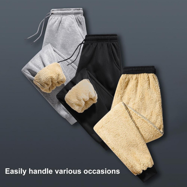 Winter Men Pants Thick Fleece Drawstring Elastic Waist Heat Retention Pockets Solid Color Warm Sport Travel Work Trousers