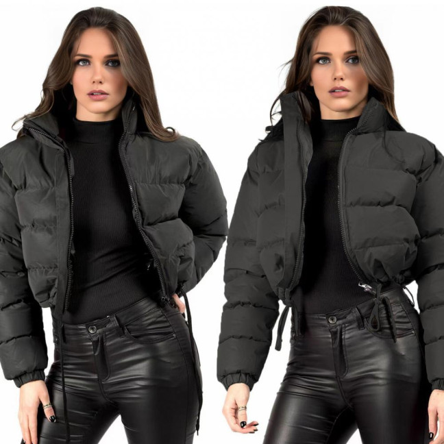 Women's Cotton-Padded Coat Lightweight Solid Color Warm Jacket with Drawstring Hem Stand Collar Zipper Short Padded Coat for Autumn Winter