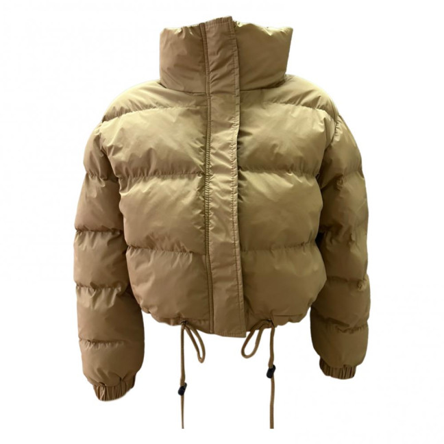 Women's Cotton-Padded Coat Lightweight Solid Color Warm Jacket with Drawstring Hem Stand Collar Zipper Short Padded Coat for Autumn Winter