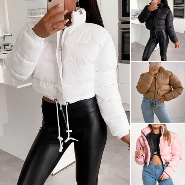 Women's Cotton-Padded Coat Lightweight Solid Color Warm Jacket with Drawstring Hem Stand Collar Zipper Short Padded Coat for Autumn Winter