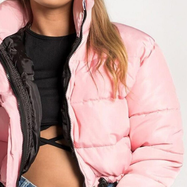 Women's Cotton-Padded Coat Lightweight Solid Color Warm Jacket with Drawstring Hem Stand Collar Zipper Short Padded Coat for Autumn Winter