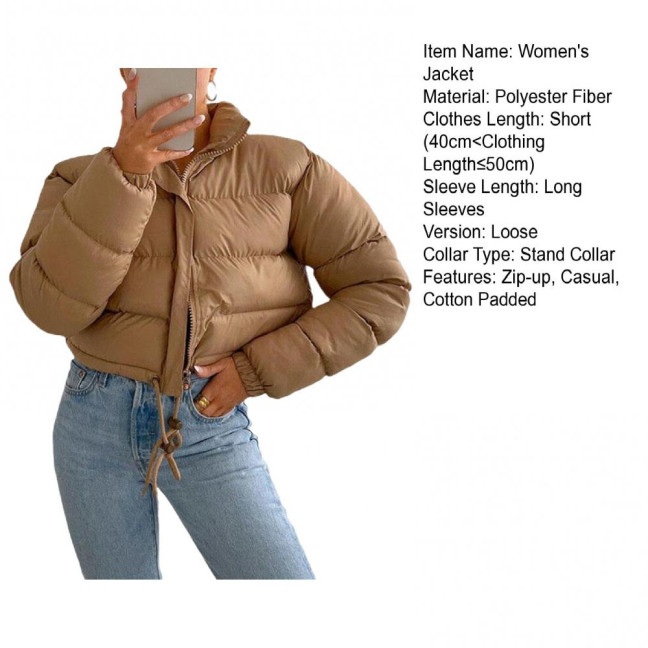 Women's Cotton-Padded Coat Lightweight Solid Color Warm Jacket with Drawstring Hem Stand Collar Zipper Short Padded Coat for Autumn Winter
