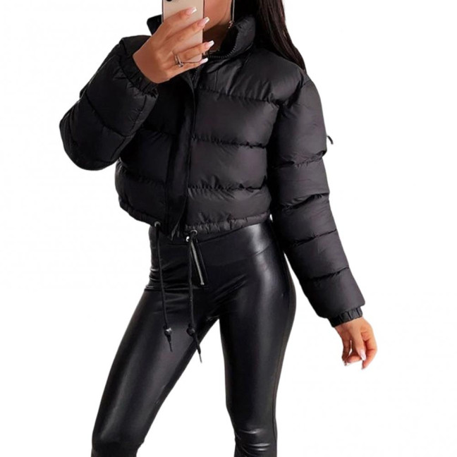 Women's Cotton-Padded Coat Lightweight Solid Color Warm Jacket with Drawstring Hem Stand Collar Zipper Short Padded Coat for Autumn Winter