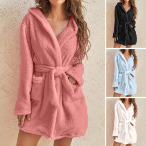 Women's Hooded Nightgown Plush Winter Bathrobe with Pockets Solid Color Tie Waist Flannel Pajamas for Home Sauna Vacation Party