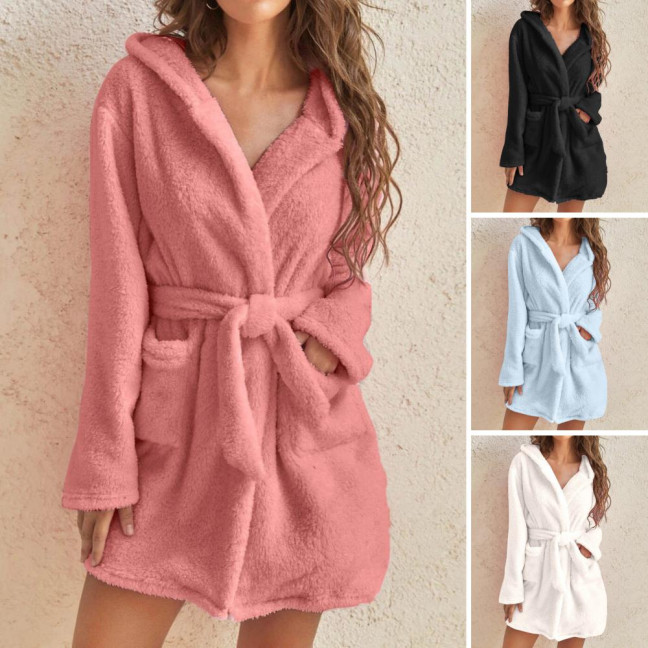 Women's Hooded Nightgown Plush Winter Bathrobe with Pockets Solid Color Tie Waist Flannel Pajamas for Home Sauna Vacation Party