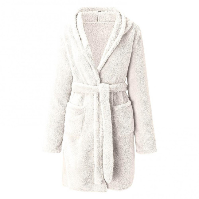 Women's Hooded Nightgown Plush Winter Bathrobe with Pockets Solid Color Tie Waist Flannel Pajamas for Home Sauna Vacation Party