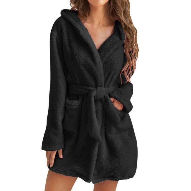 Women's Hooded Nightgown Plush Winter Bathrobe with Pockets Solid Color Tie Waist Flannel Pajamas for Home Sauna Vacation Party