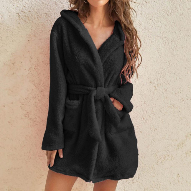 Women's Hooded Nightgown Plush Winter Bathrobe with Pockets Solid Color Tie Waist Flannel Pajamas for Home Sauna Vacation Party
