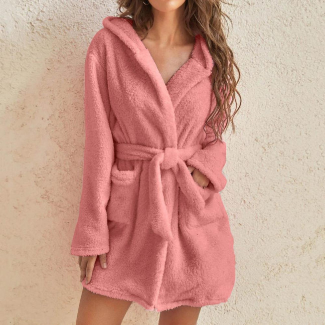 Women's Hooded Nightgown Plush Winter Bathrobe with Pockets Solid Color Tie Waist Flannel Pajamas for Home Sauna Vacation Party