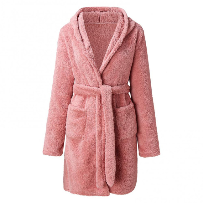 Women's Hooded Nightgown Plush Winter Bathrobe with Pockets Solid Color Tie Waist Flannel Pajamas for Home Sauna Vacation Party