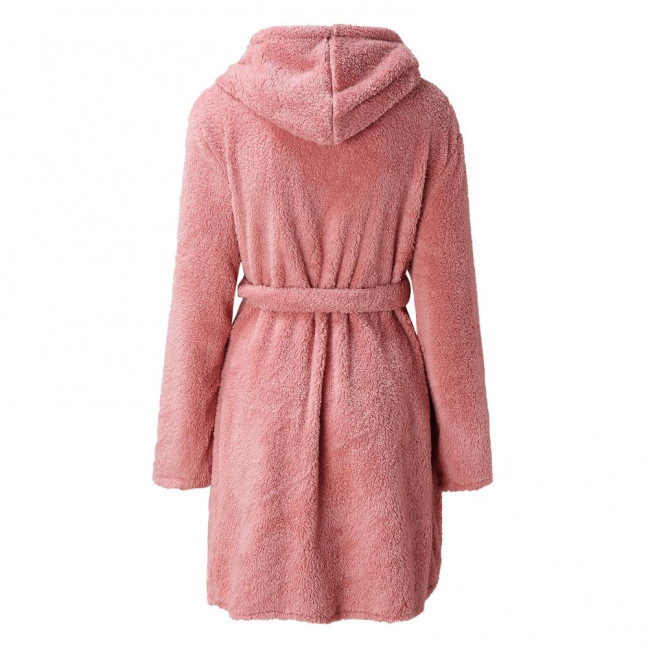 Women's Hooded Nightgown Plush Winter Bathrobe with Pockets Solid Color Tie Waist Flannel Pajamas for Home Sauna Vacation Party