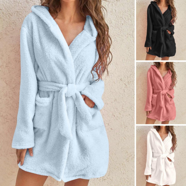 Women's Hooded Nightgown Plush Winter Bathrobe with Pockets Solid Color Tie Waist Flannel Pajamas for Home Sauna Vacation Party