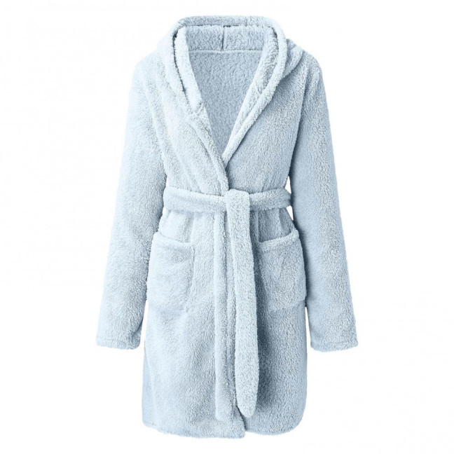 Women's Hooded Nightgown Plush Winter Bathrobe with Pockets Solid Color Tie Waist Flannel Pajamas for Home Sauna Vacation Party