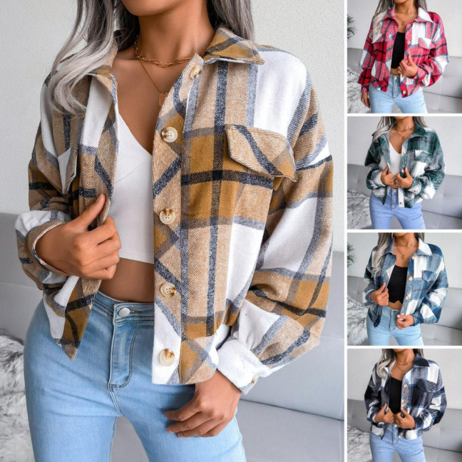 Fall Spring Women Jacket Contrast Color Plaid Print Turn-down Collar Single-breasted Fake Pocket Long Sleeves Loose Commuting Dating Coat