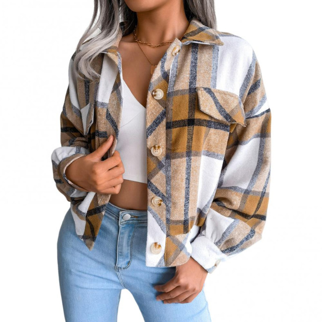 Fall Spring Women Jacket Contrast Color Plaid Print Turn-down Collar Single-breasted Fake Pocket Long Sleeves Loose Commuting Dating Coat Fall Spring Women Jacket Contrast Color Plaid Print Turn-down Collar Single-breasted Fake Pocket Long Sleeves Loose Commuting Dating Coat
