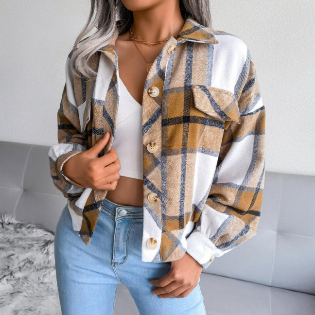 Fall Spring Women Jacket Contrast Color Plaid Print Turn-down Collar Single-breasted Fake Pocket Long Sleeves Loose Commuting Dating Coat Fall Spring Women Jacket Contrast Color Plaid Print Turn-down Collar Single-breasted Fake Pocket Long Sleeves Loose Commuting Dating Coat