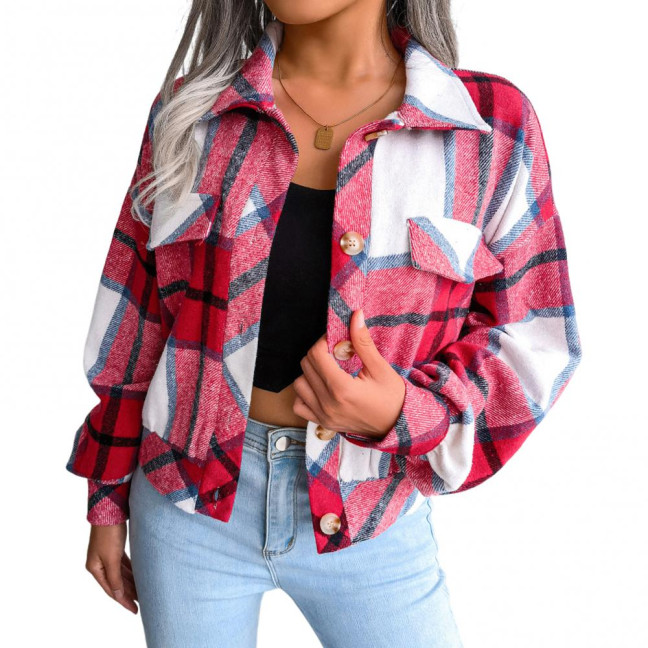 Fall Spring Women Jacket Contrast Color Plaid Print Turn-down Collar Single-breasted Fake Pocket Long Sleeves Loose Commuting Dating Coat Fall Spring Women Jacket Contrast Color Plaid Print Turn-down Collar Single-breasted Fake Pocket Long Sleeves Loose Commuting Dating Coat