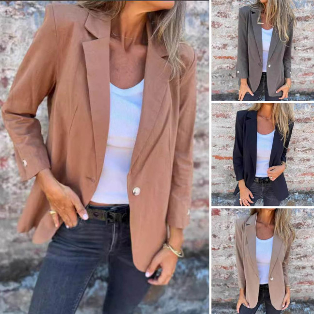 Women Suit Coat Lapel Long Sleeve Single-Breasted Suit Jacket Solid Color Loose Fit Casual Business Outwear