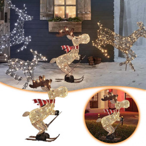 Lighted Reindeer Ornaments Glowing Ski Deer Statue with LED Lights String 3D Standing Reindeer Figurines for Christmas Decoration Indoor Outdoor Display