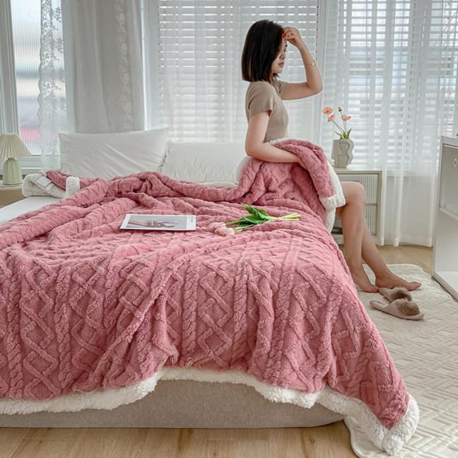 Winter Thickened Blanket Double-sided Fluff Plush Double-layer 3D Jacquard Solid Color Office Nap Dormitory Home Bed Sofa Travel Cozy Warm Blanket