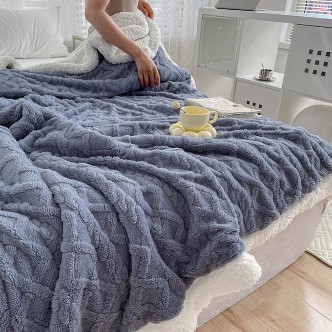 Winter Thickened Blanket Double-sided Fluff Plush Double-layer 3D Jacquard Solid Color Office Nap Dormitory Home Bed Sofa Travel Cozy Warm Blanket