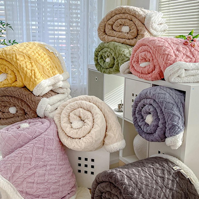 Winter Thickened Blanket Double-sided Fluff Plush Double-layer 3D Jacquard Solid Color Office Nap Dormitory Home Bed Sofa Travel Cozy Warm Blanket