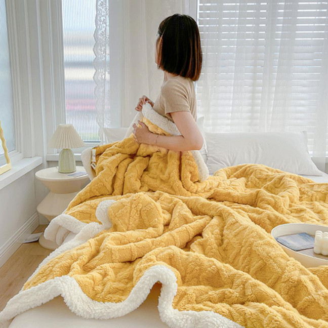Winter Thickened Blanket Double-sided Fluff Plush Double-layer 3D Jacquard Solid Color Office Nap Dormitory Home Bed Sofa Travel Cozy Warm Blanket