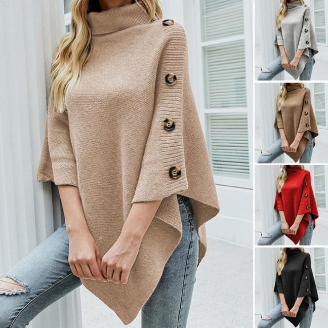 Women Sweater Tops High Collar Solid Color Cape Style Sweater Coat Button Decoration Loose Fit Casual Commuting Knitting Top