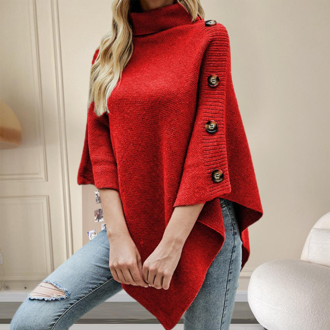 Women Sweater Tops High Collar Solid Color Cape Style Sweater Coat Button Decoration Loose Fit Casual Commuting Knitting Top