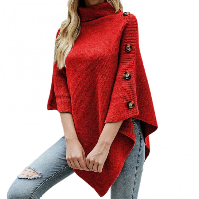 Women Sweater Tops High Collar Solid Color Cape Style Sweater Coat Button Decoration Loose Fit Casual Commuting Knitting Top