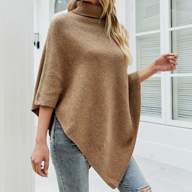 Women Sweater Tops High Collar Solid Color Cape Style Sweater Coat Button Decoration Loose Fit Casual Commuting Knitting Top