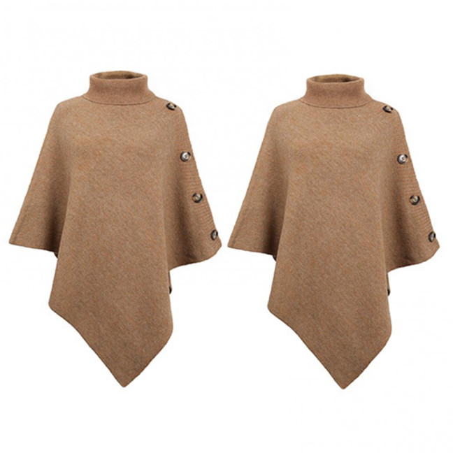 Women Sweater Tops High Collar Solid Color Cape Style Sweater Coat Button Decoration Loose Fit Casual Commuting Knitting Top