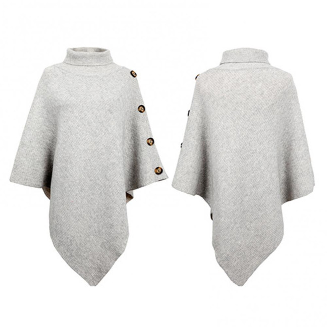 Women Sweater Tops High Collar Solid Color Cape Style Sweater Coat Button Decoration Loose Fit Casual Commuting Knitting Top