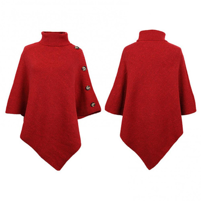 Women Sweater Tops High Collar Solid Color Cape Style Sweater Coat Button Decoration Loose Fit Casual Commuting Knitting Top