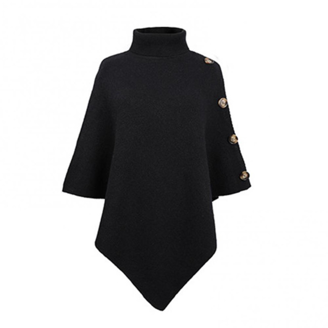 Women Sweater Tops High Collar Solid Color Cape Style Sweater Coat Button Decoration Loose Fit Casual Commuting Knitting Top