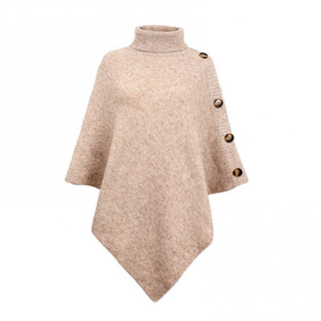 Women Sweater Tops High Collar Solid Color Cape Style Sweater Coat Button Decoration Loose Fit Casual Commuting Knitting Top