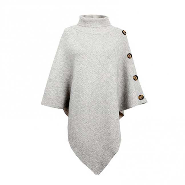 Women Sweater Tops High Collar Solid Color Cape Style Sweater Coat Button Decoration Loose Fit Casual Commuting Knitting Top