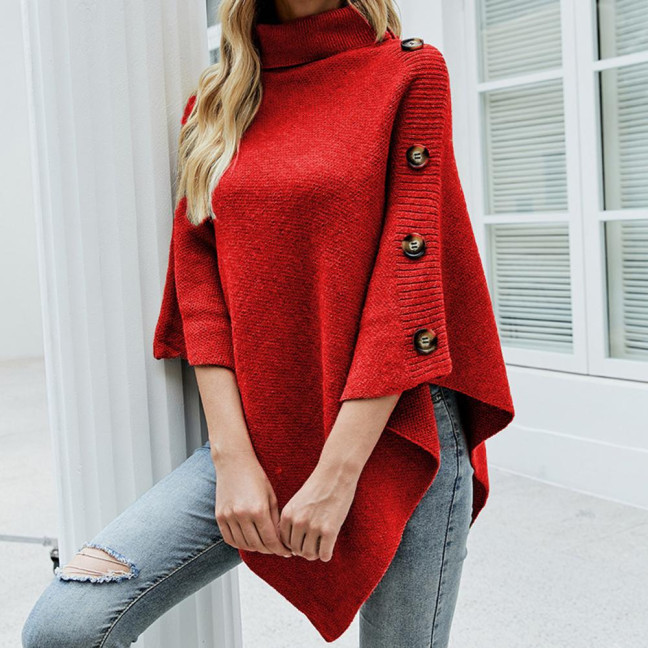 Women Sweater Tops High Collar Solid Color Cape Style Sweater Coat Button Decoration Loose Fit Casual Commuting Knitting Top