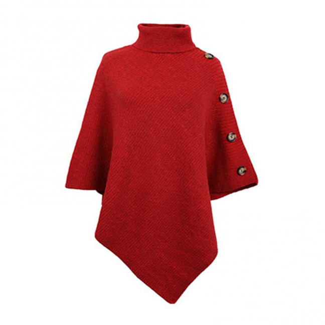 Women Sweater Tops High Collar Solid Color Cape Style Sweater Coat Button Decoration Loose Fit Casual Commuting Knitting Top