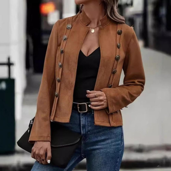 Spring Auutmn Lady Coat Double-breasted Stand Collar Buttons Slim Fit Long Sleeves Retro Style Cardigan Daily Wear Outdoor Jacket 