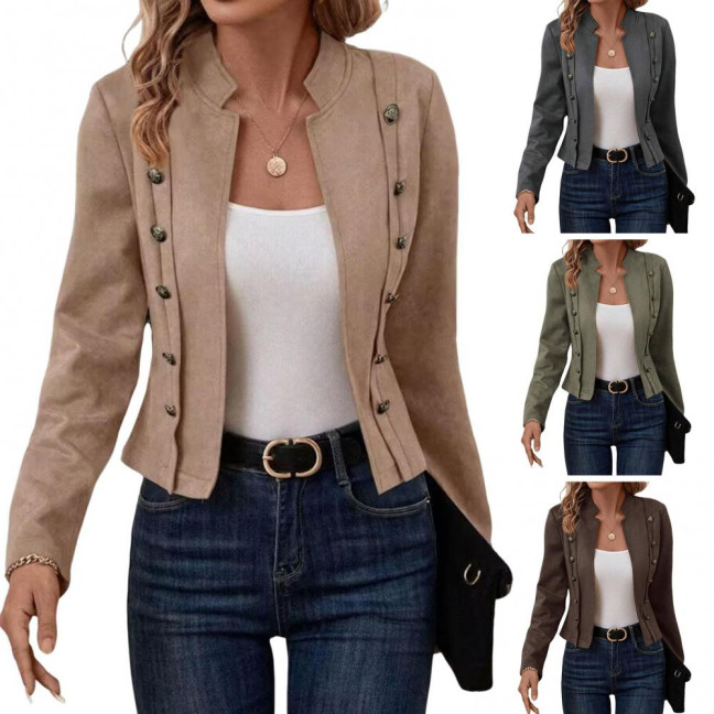 Spring Auutmn Lady Coat Double-breasted Stand Collar Buttons Slim Fit Long Sleeves Retro Style Cardigan Daily Wear Outdoor Jacket 