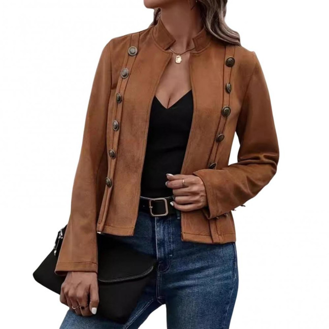 Spring Auutmn Lady Coat Double-breasted Stand Collar Buttons Slim Fit Long Sleeves Retro Style Cardigan Daily Wear Outdoor Jacket 